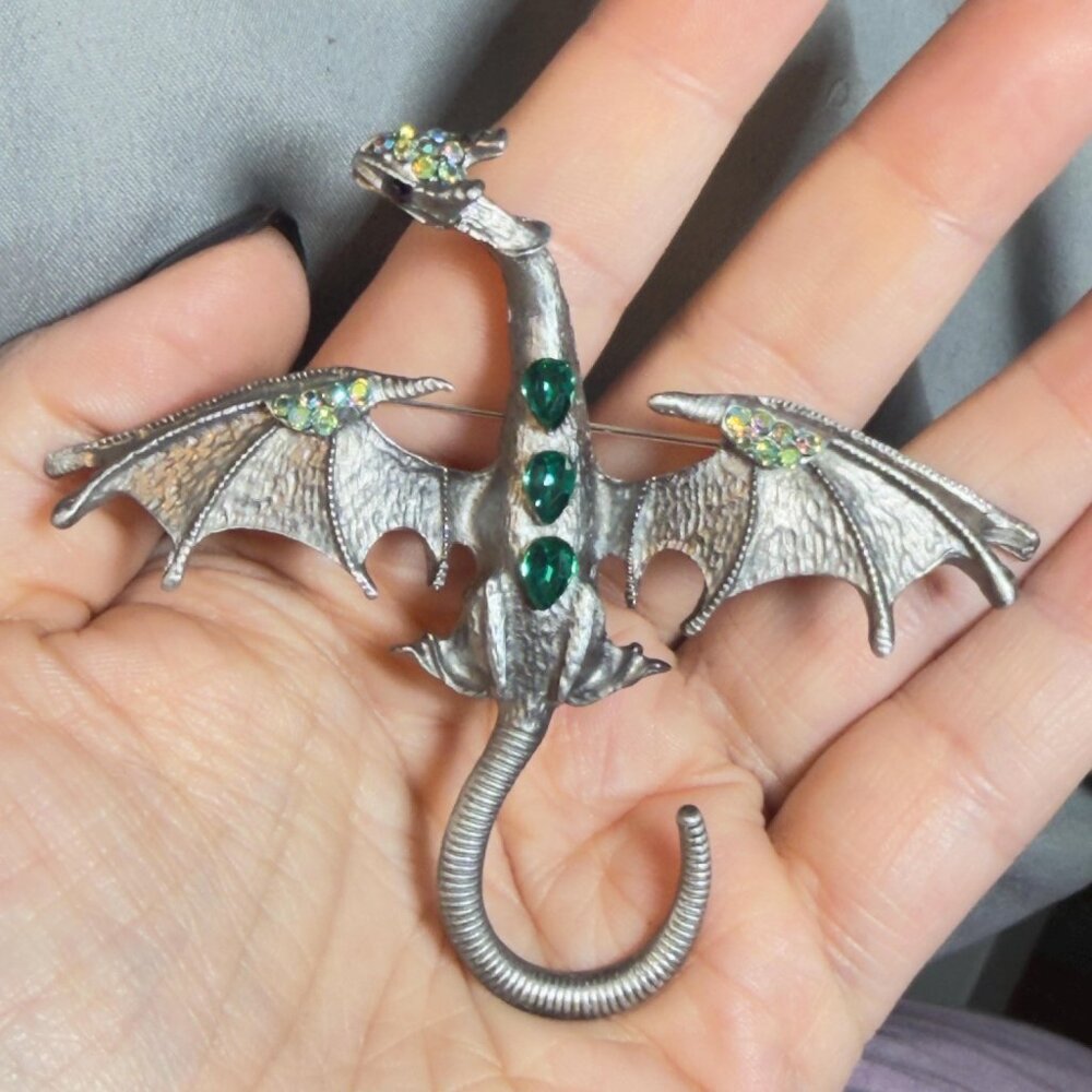 Dragon Brooch Silver Tone Green Rhinestone Fantasy Pin 3.5”